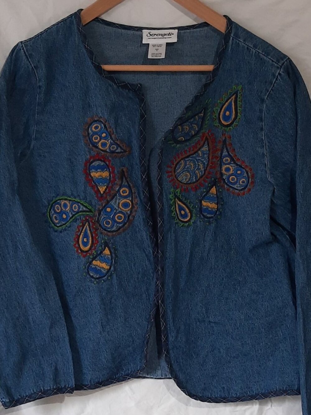 Serengeti Catalog Paisley Embroidered Open-Front Denim Jacket, Women's M